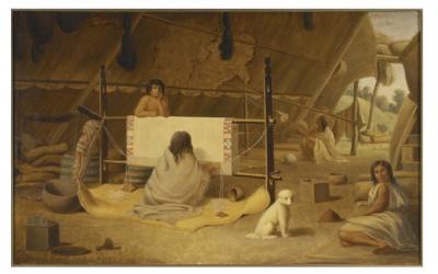 Peinture représentant des Salish de la côte qui utilisent des poils de chien pour tisser. (Paul Cane, avec l’aimable autorisation du Musée royal de l’Ontario via X.)