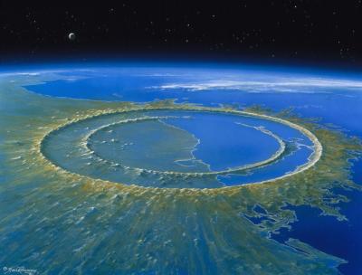 Une image qui montre à quoi pouvait ressembler le cratère Chicxulub, créé par un astéroïde géant tombé près de la côte du Mexique. (Photo : Detlev van Ravenswaay / Science Source via Facebook.)